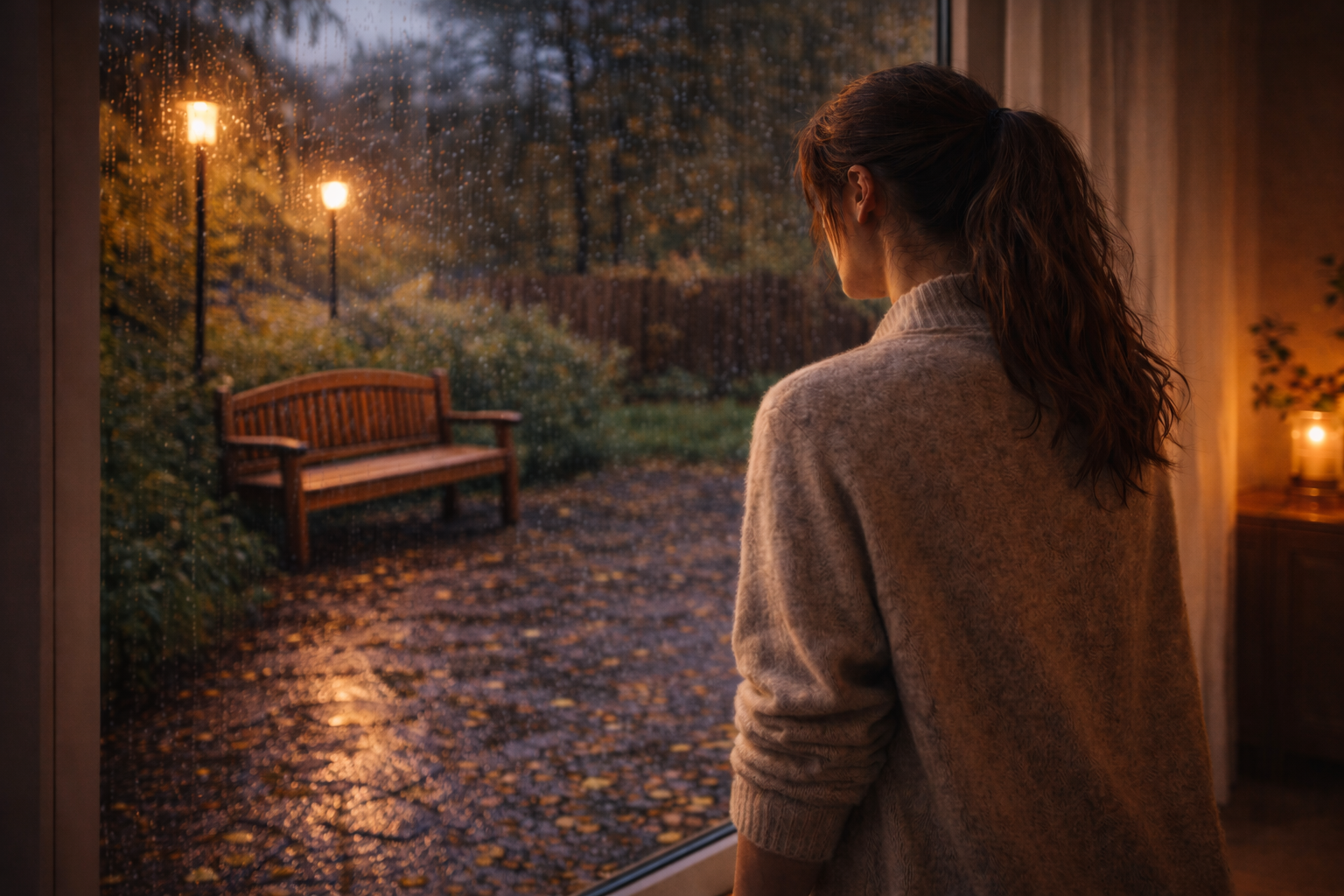Kobieta stojąca przy dużym oknie i patrząca na deszczowy ogród z pustą ławką – symbol tęsknoty po nagłym odejściu bliskiej osoby.