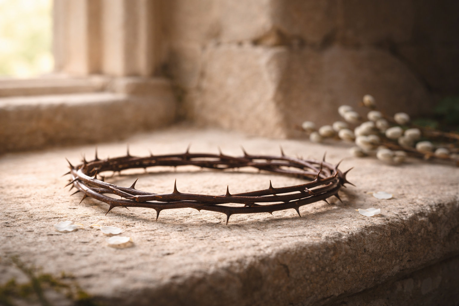 Korona cierniowa na jasnym kamieniu przy kościelnym oknie, z gałązką bazi i białymi płatkami